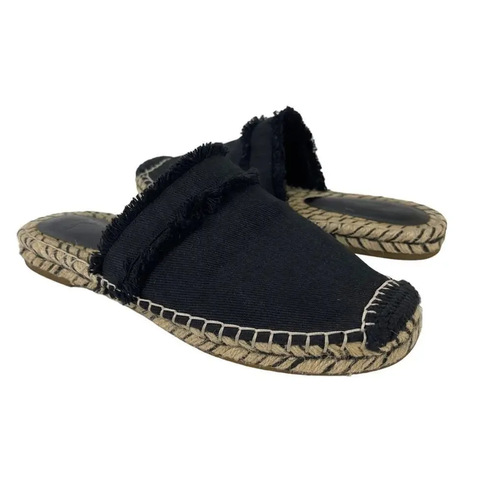JOIE Black Cain Fringe Espadrille Mules Slides Shoes Size 39 US 9